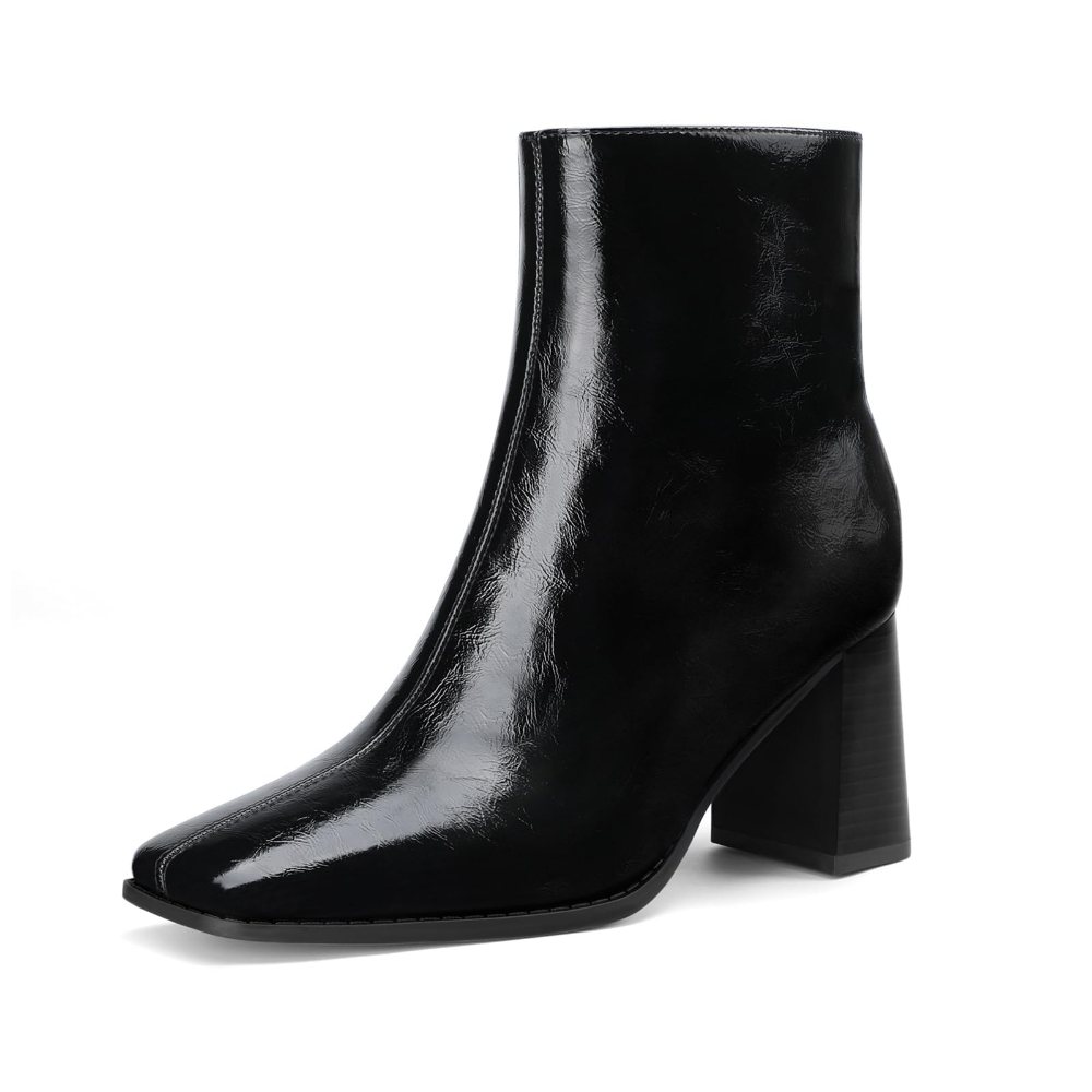 Athlefit Square Toe High Block Heel Bootie in Black Patent