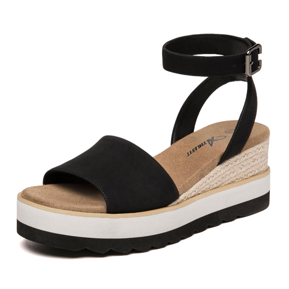 Athlefit Ankle Strap Espadrille Wedge in Black PU