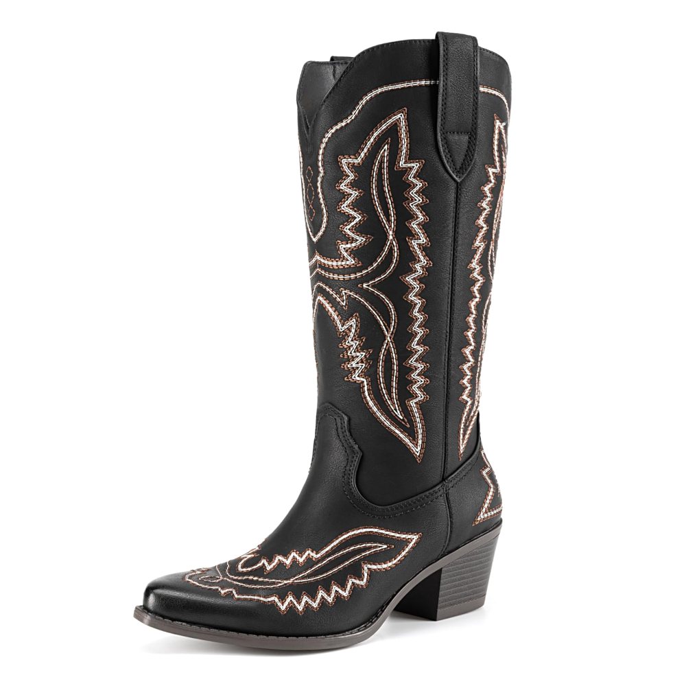 Athlefit Embroidered Square Toe Cowboy Boot in Black