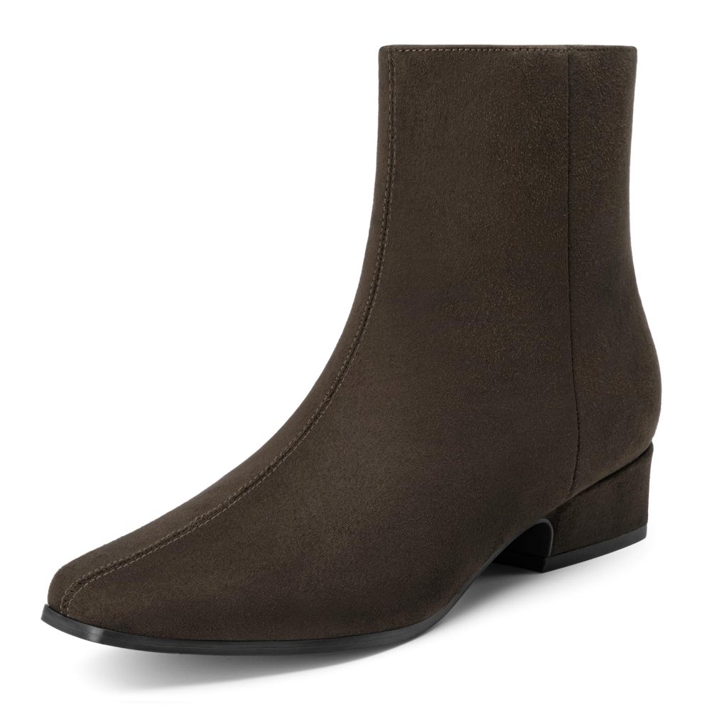 Athlefit Square Toe Short Block Heel Bootie in Brown Suede