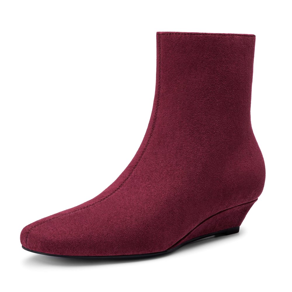Athlefit Square Toe Wedge Bootie in Burgundy Suede