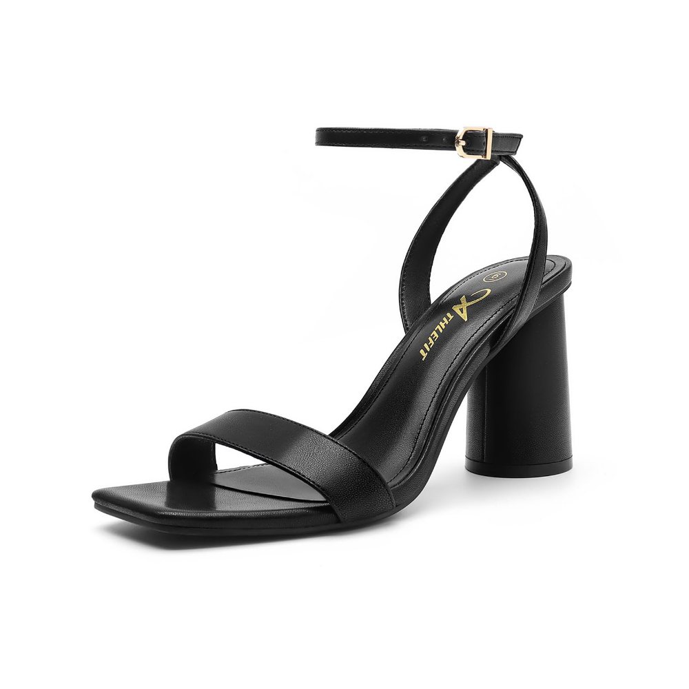 Athlefit Square Toe Ankle Strap Block Heel in Black