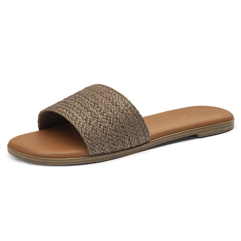 Athlefit Raffia Band Flat Slide in Coffee Raffia