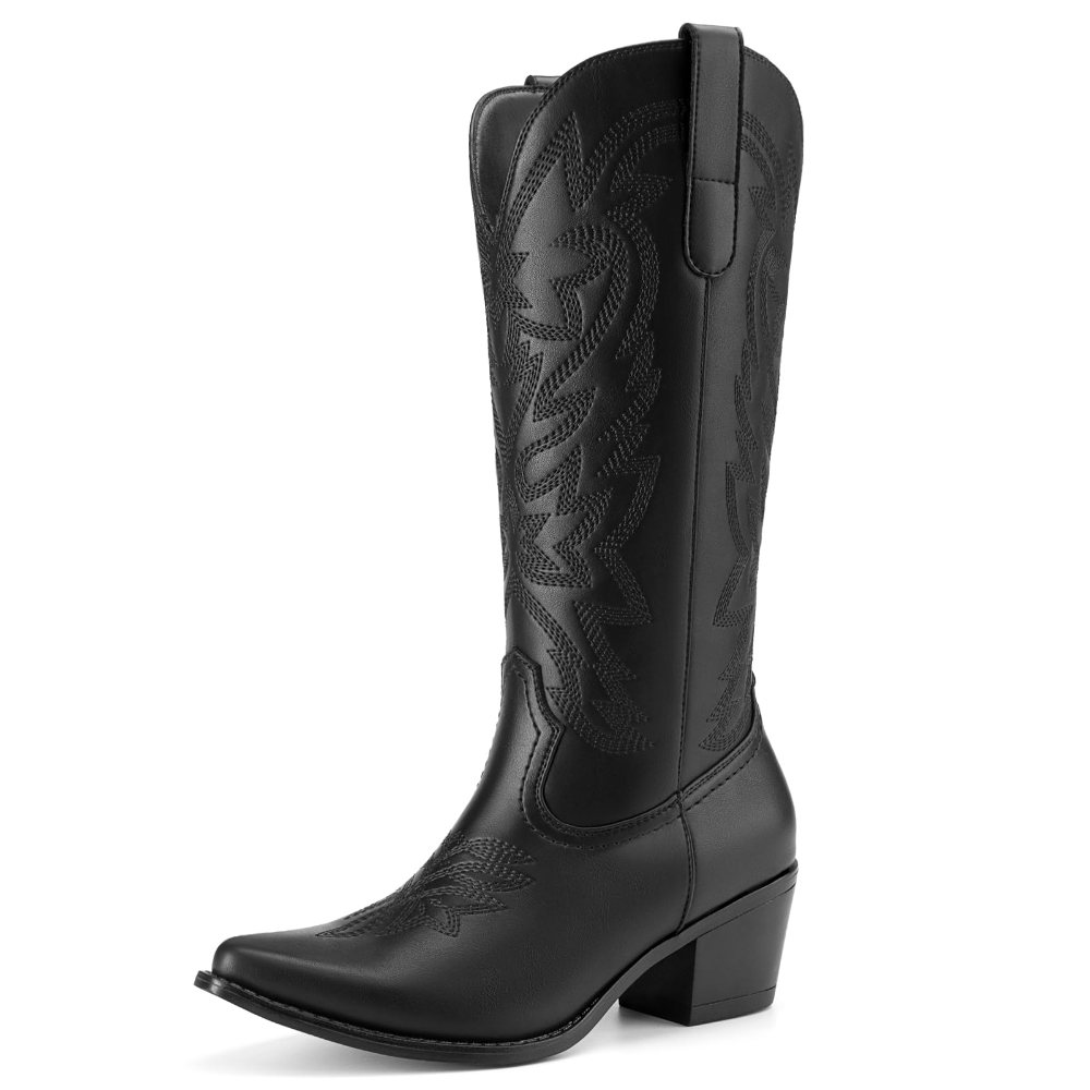 Athlefit Low Heel Mid Calf Cowgirl Boot in Black