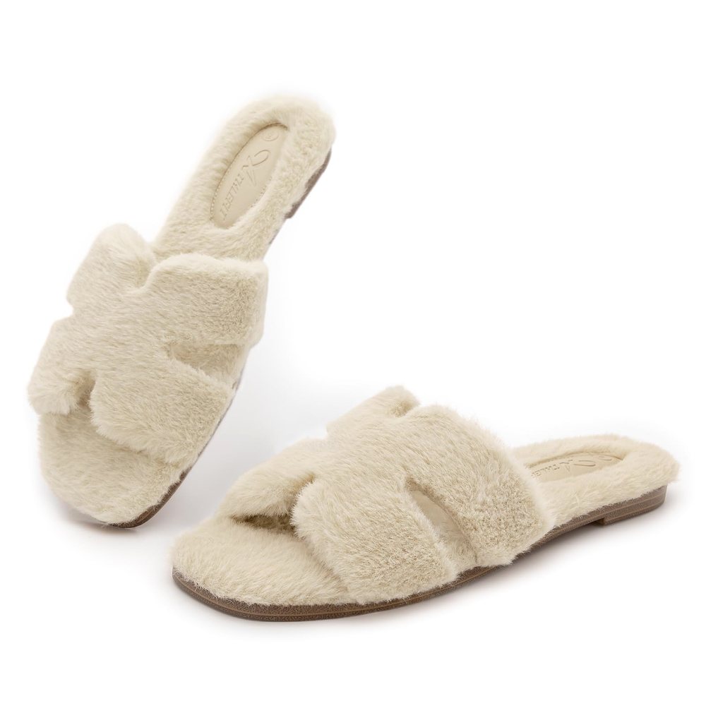 Athlefit Fuzzy Crossband Slide Slipper in Camel