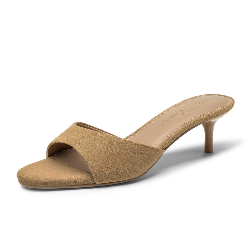 Athlefit Patent Kitten Heel Slide in Tan Suede