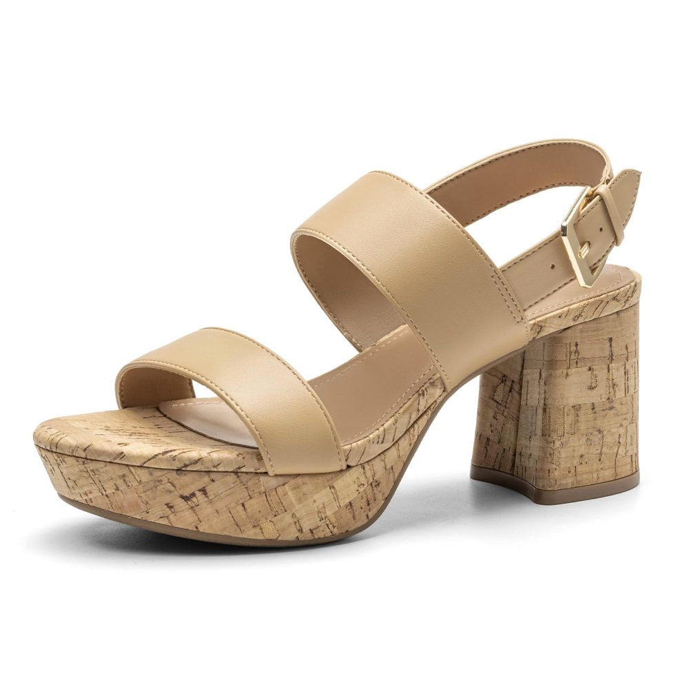 Athlefit Cork Platform Block Heel Sandal in Beige Cork
