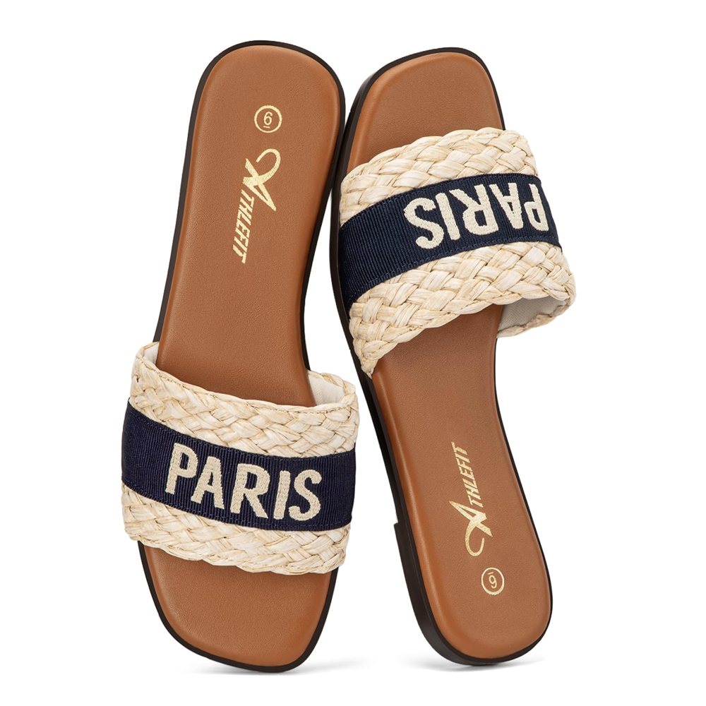 Athlefit Embroidered Strap Slide in Natural Raffia
