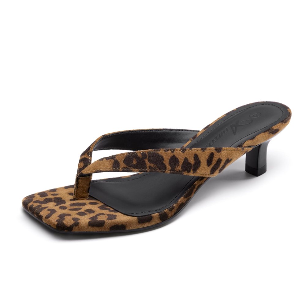 Athlefit Square Toe Kitten Heel Flip-Flop in Leopard