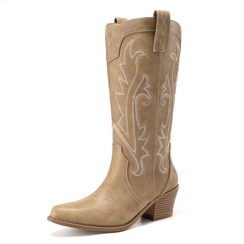 Athlefit Embroidered Pointed Toe Cowboy Boot in Tan