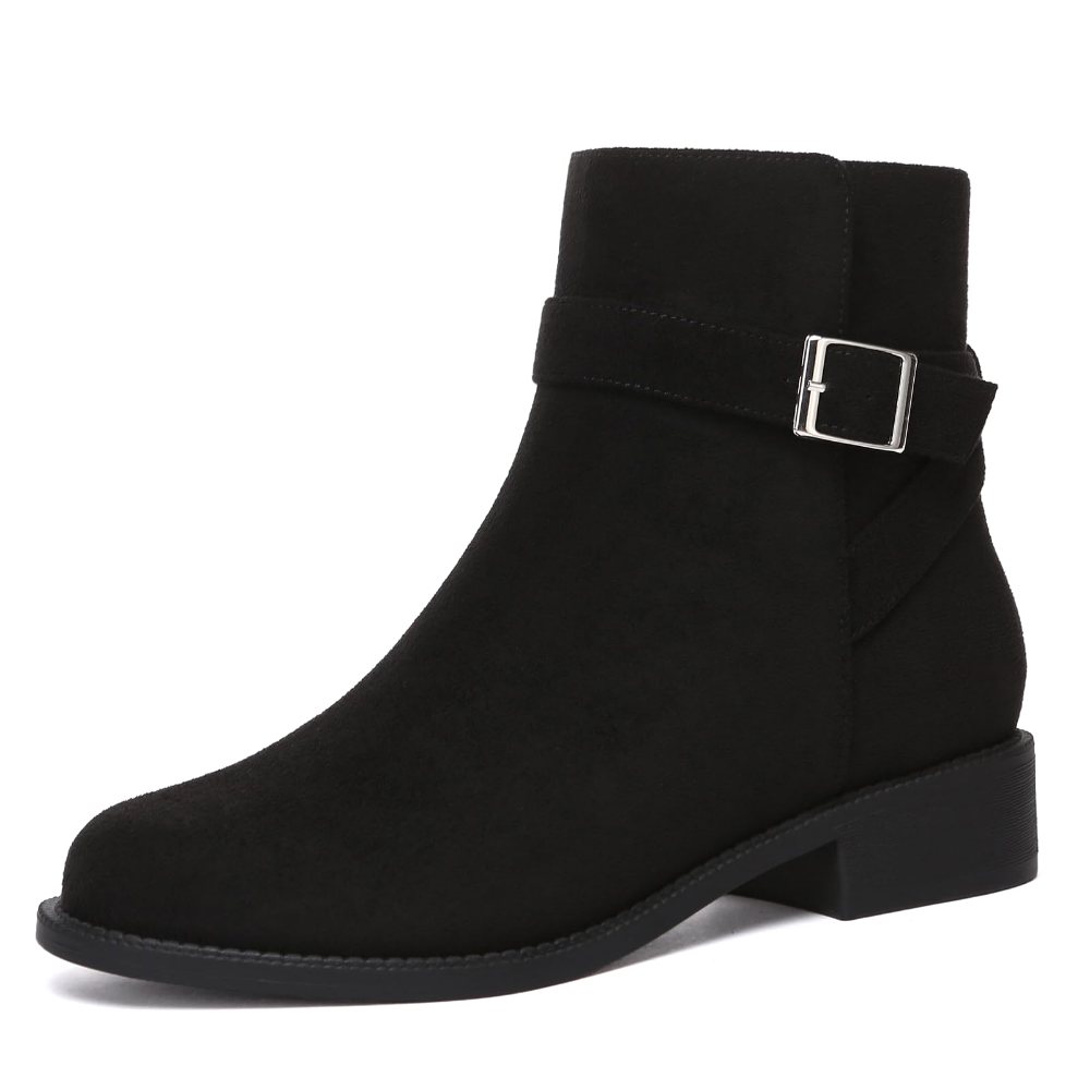 Athlefit Buckle Strap Low Heel Ankle Boot in Black Suede