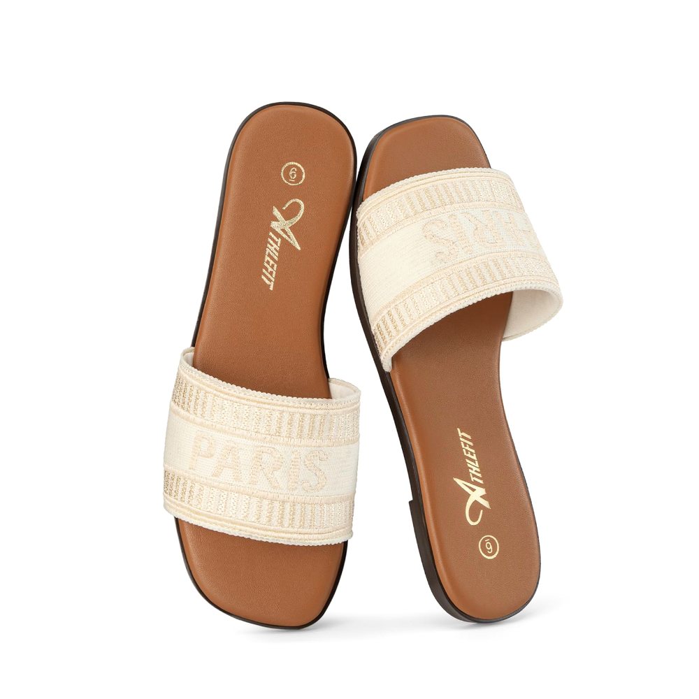 Athlefit Embroidered Strap Slide in Beige