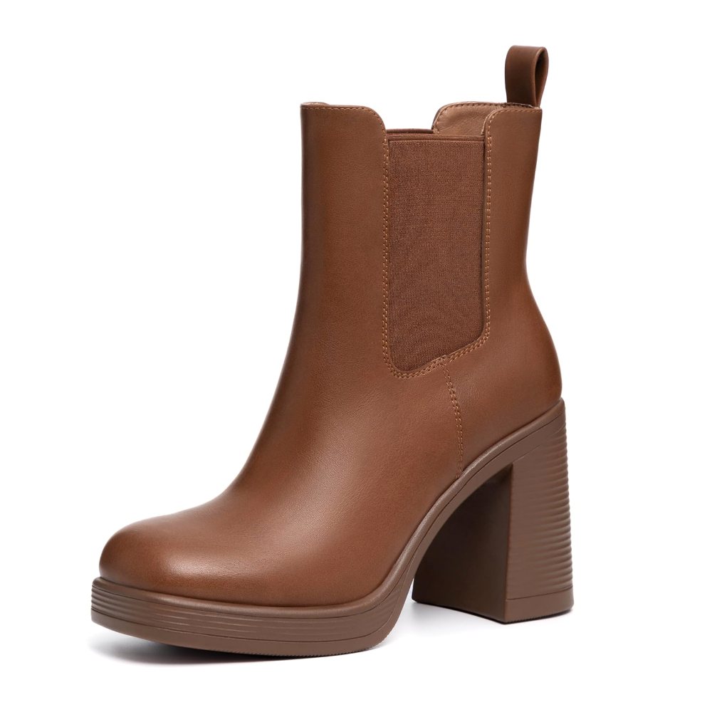 Athlefit High Block Heel Platform Chelsea Boot in Brown