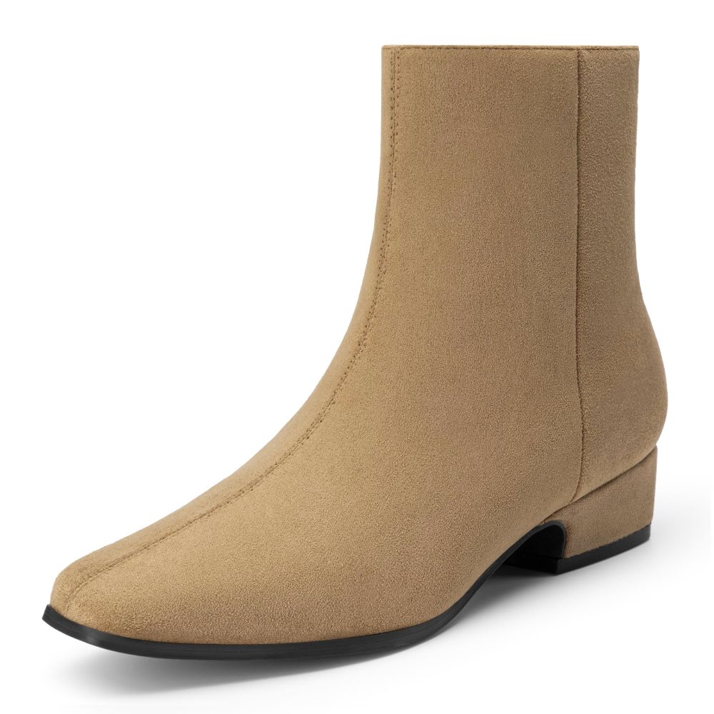 Athlefit Square Toe Short Block Heel Bootie in Camel Suede