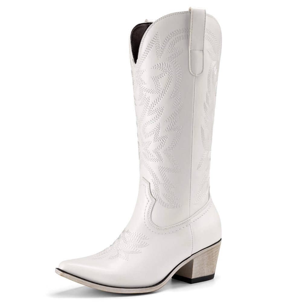 Athlefit Low Heel Mid Calf Cowgirl Boot in White
