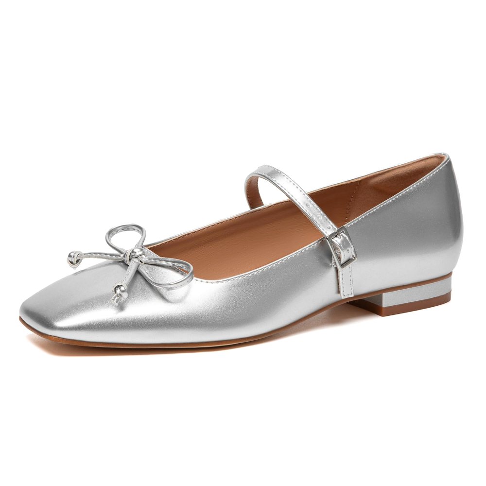 Athlefit Square Toe Bow Mary Jane Flat in Silver