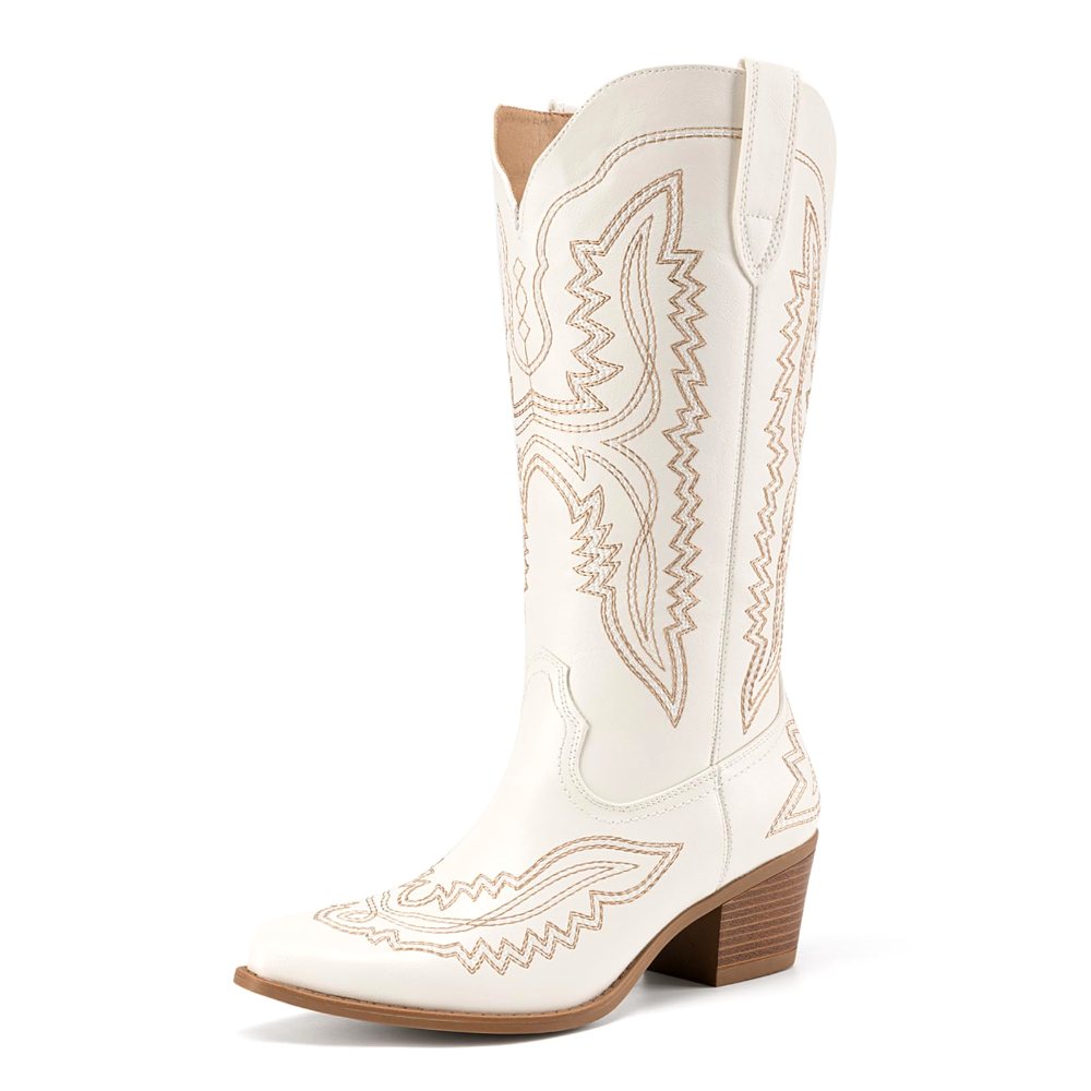 Athlefit Embroidered Square Toe Cowboy Boot in White