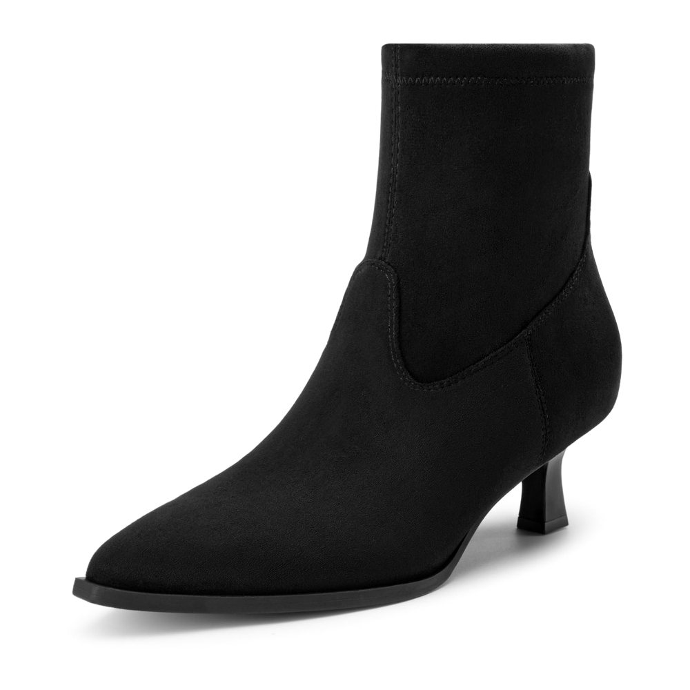 Athlefit Pointed Toe Kitten Heel Bootie in Black Suede