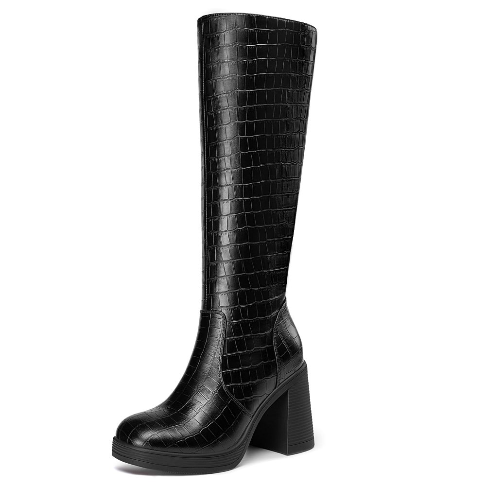 Athlefit Wide Calf Platform Knee-High Boot in Black Croco