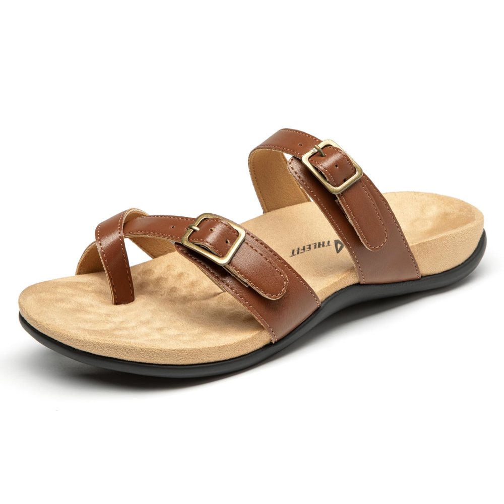 Athlefit Arch Support Buckle Toe Loop Sandal in Tan