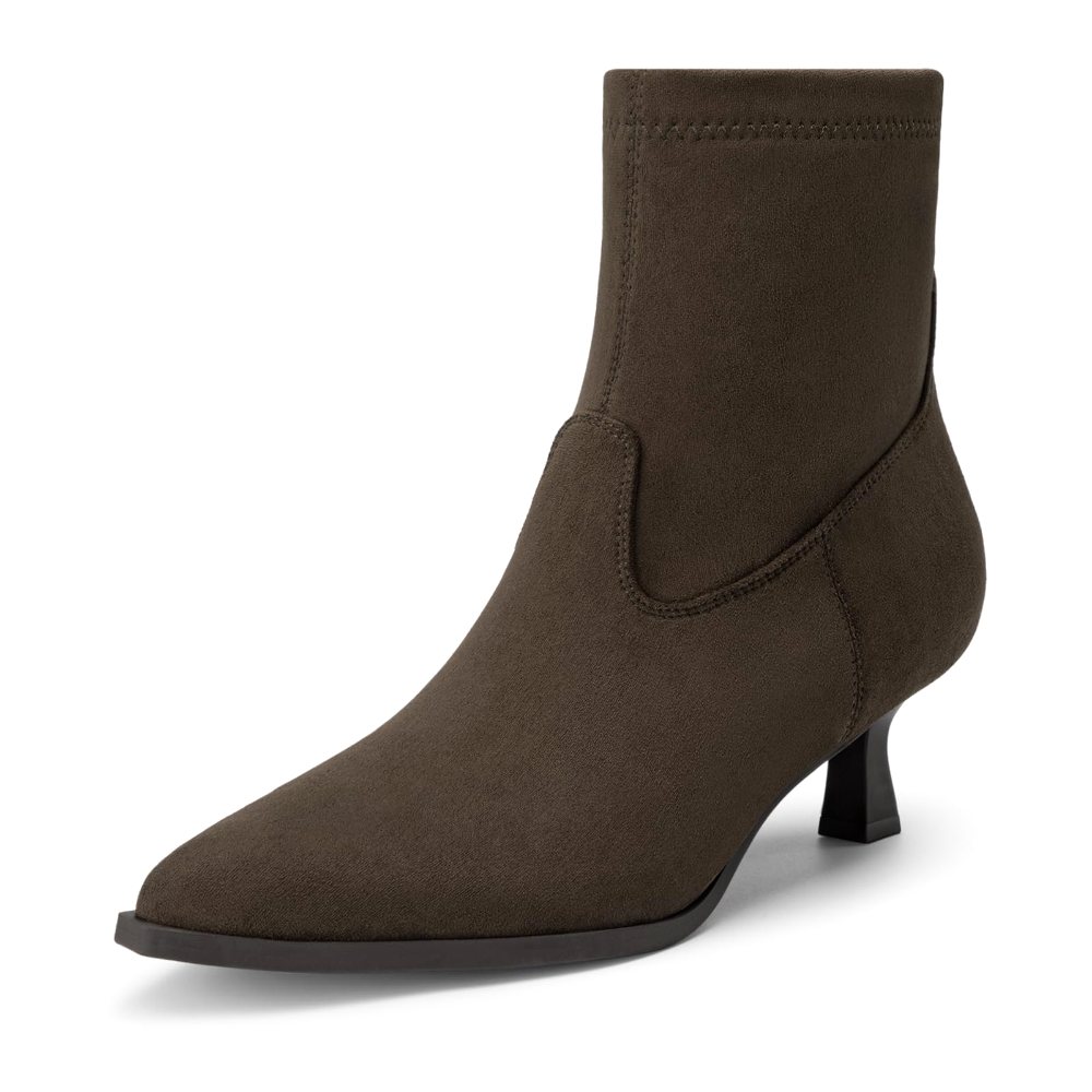 Athlefit Pointed Toe Kitten Heel Bootie in Dark Brown Suede