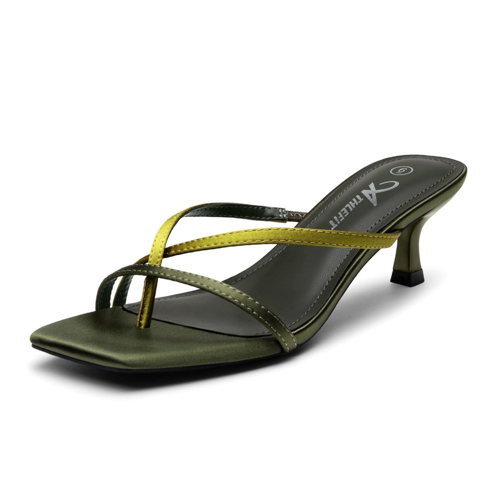 Athlefit Strappy Thong Kitten Heel in Green Satin