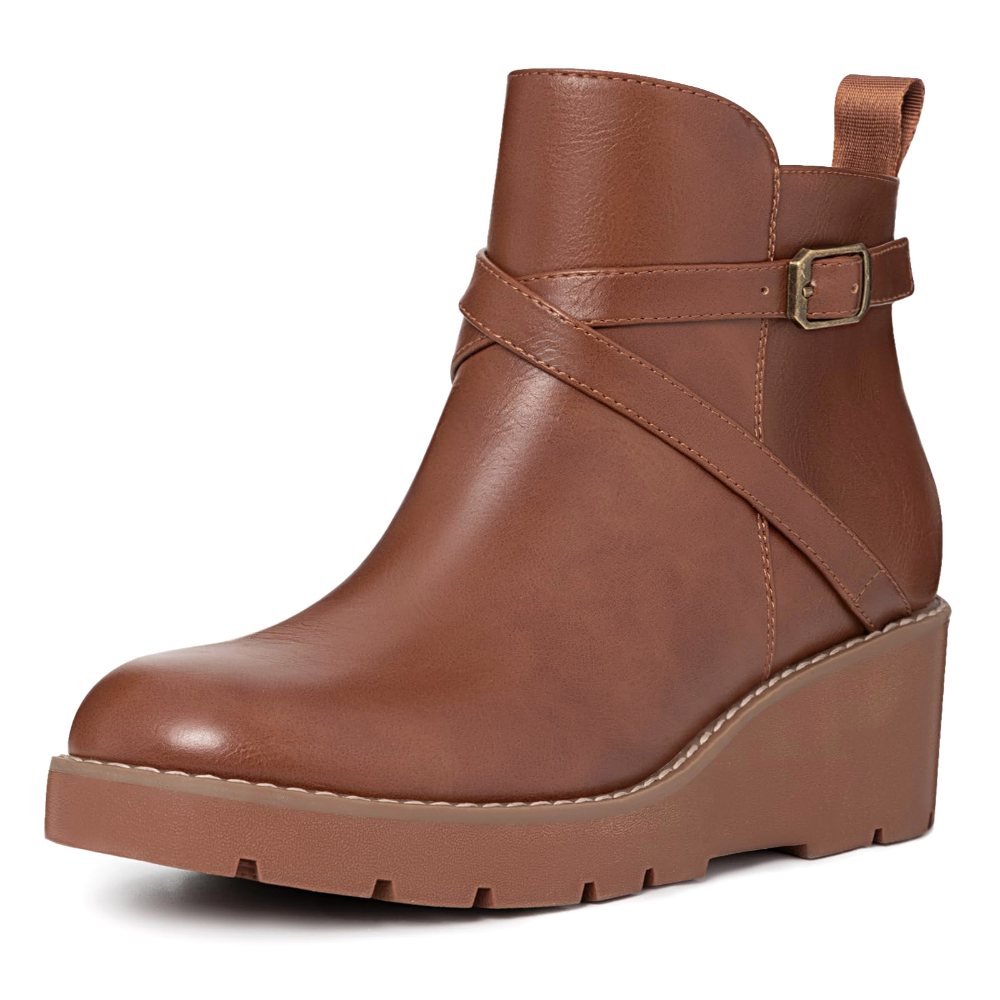 Athlefit Buckle Lug Sole Wedge Bootie in Brown