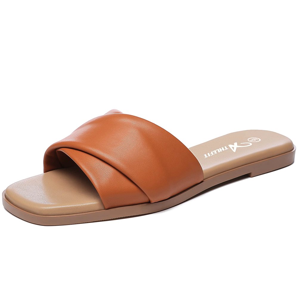 Athlefit Wide Band Square Toe Slide in Brown