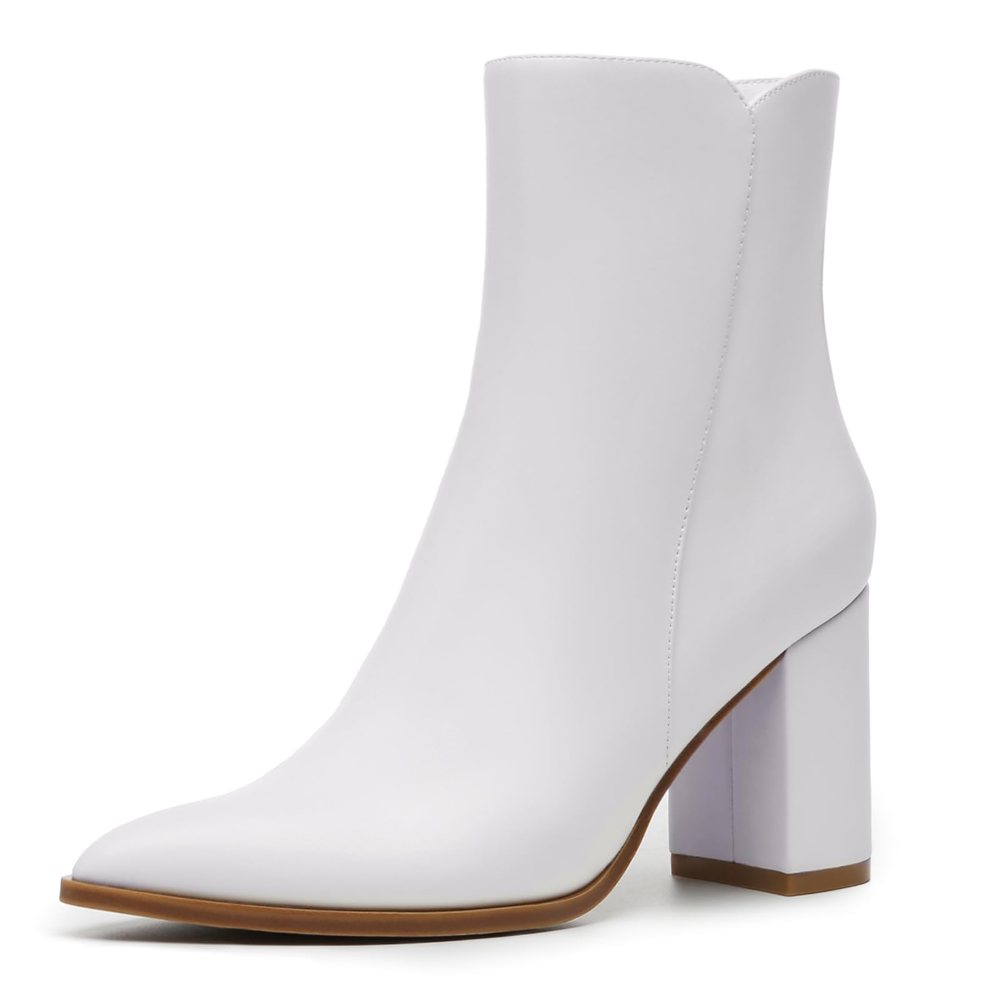 Athlefit Pointed Toe High Block Heel Bootie in White