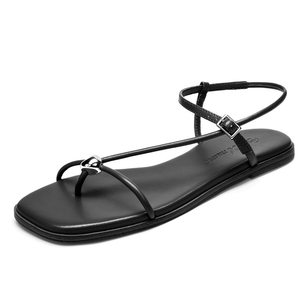 Athlefit Ankle Strap Thong Flat Sandal in Black