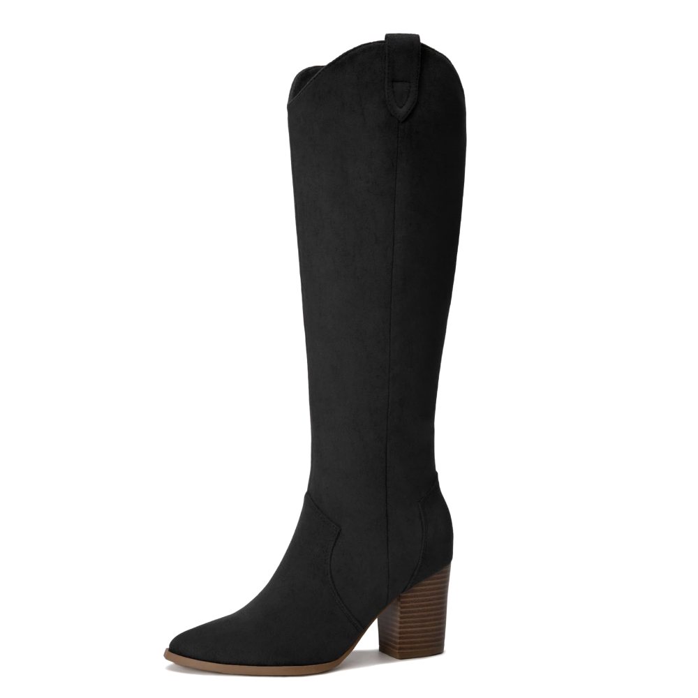 Athlefit Pointed Toe Suede Knee-High Boot in Black Suede