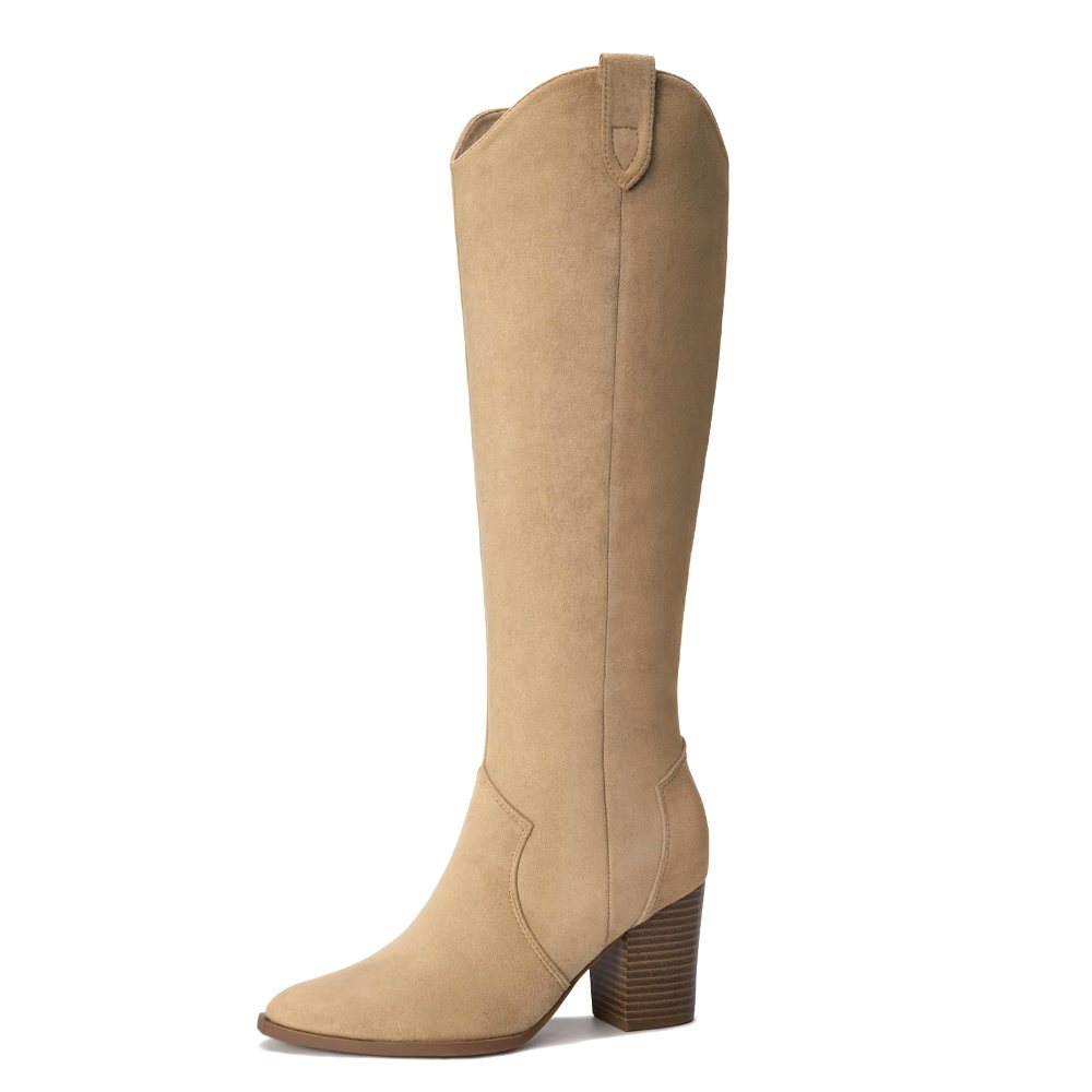 Athlefit Pointed Toe Suede Knee-High Boot in Camel Suede