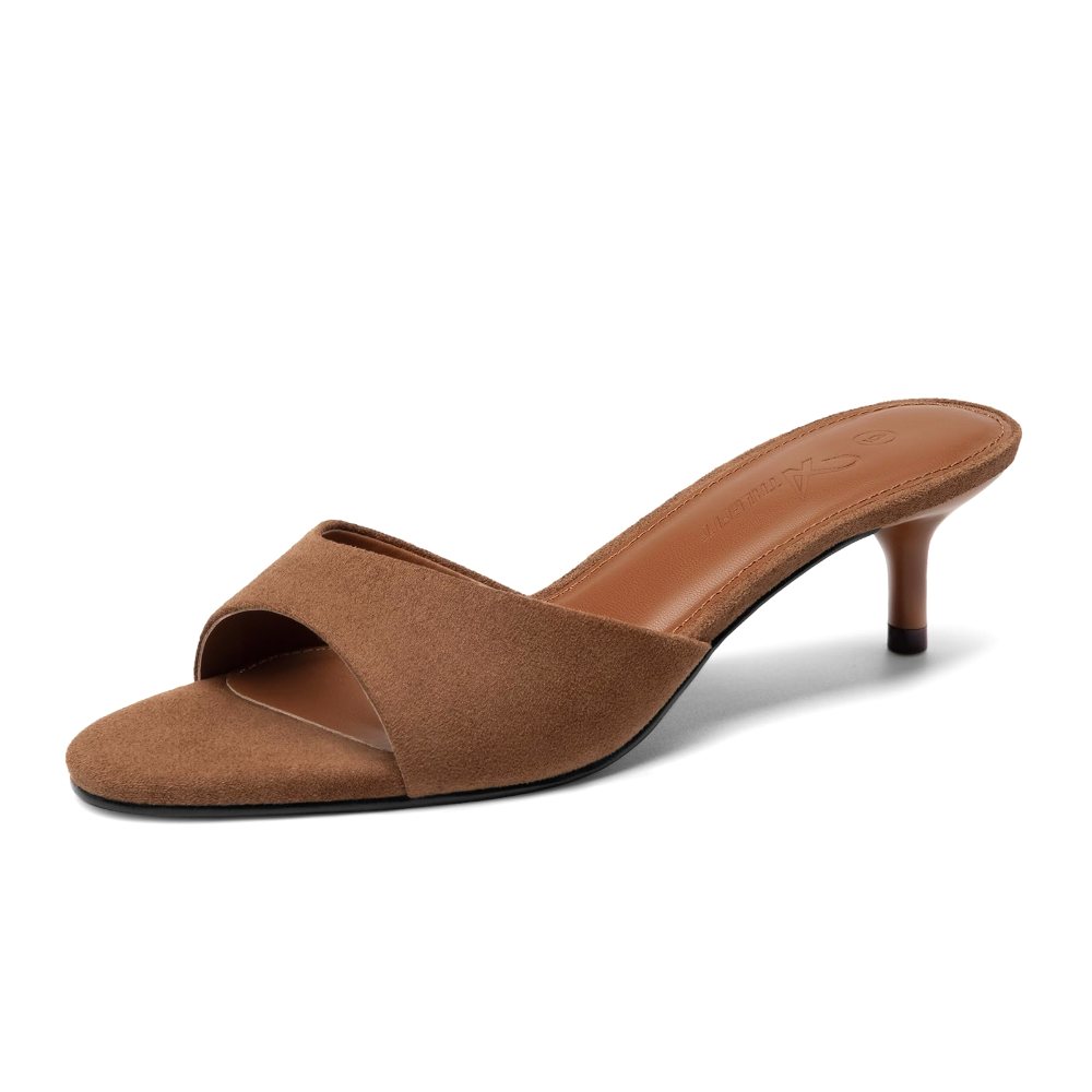 Athlefit Patent Kitten Heel Slide in Brown Suede