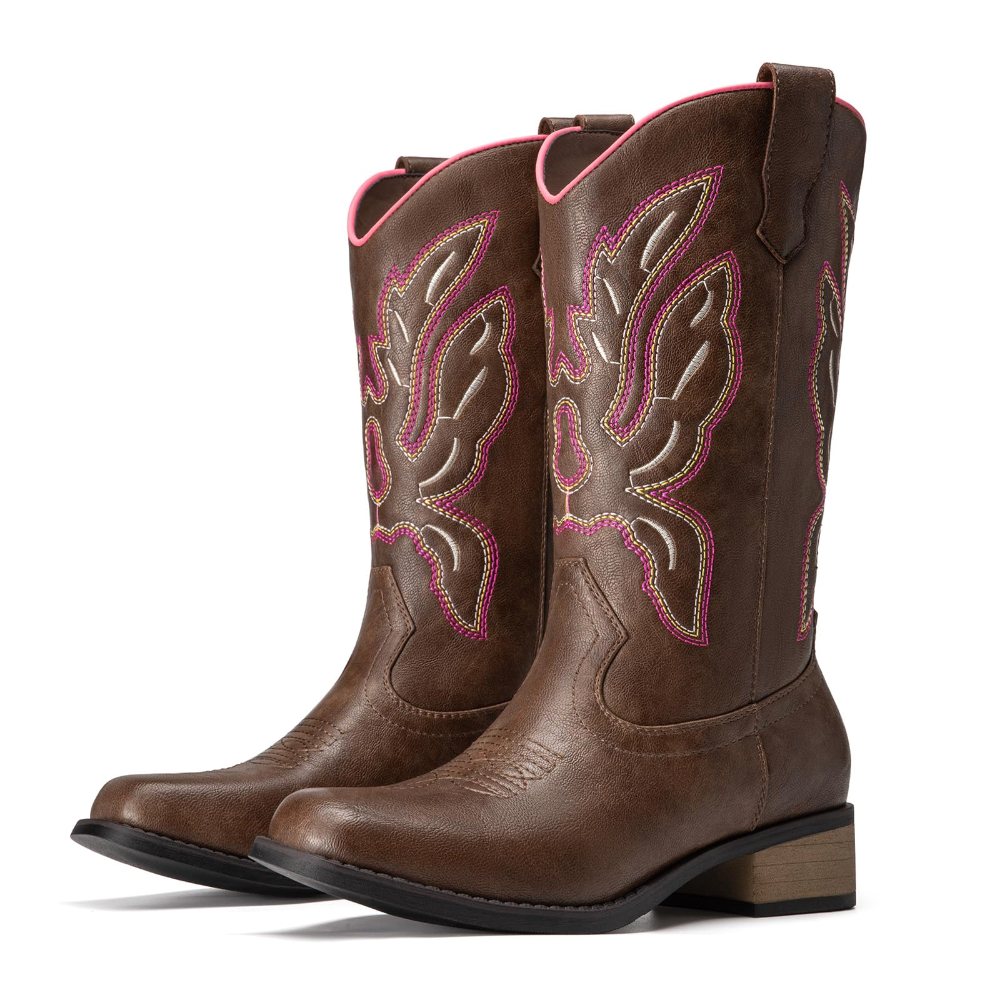 Athlefit Stitched Square Toe Cowgirl Boot in Pink Brown