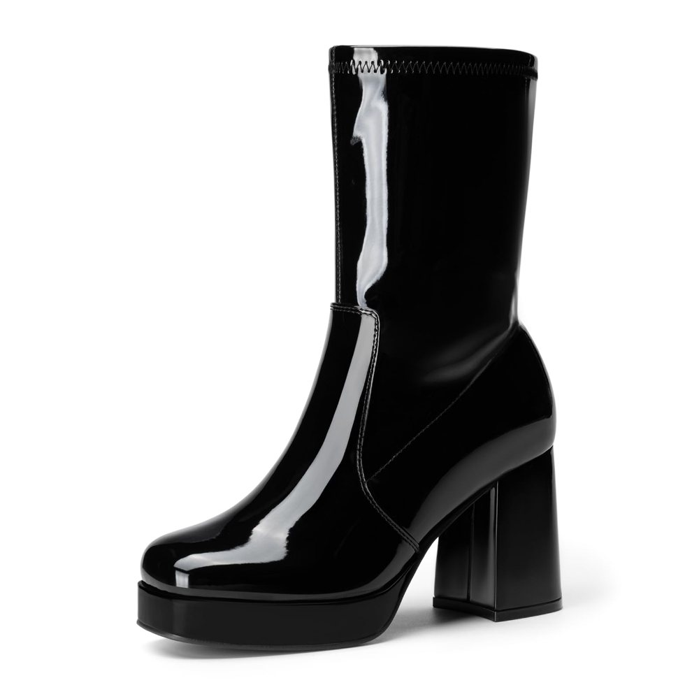 Athlefit Stretch Mid Calf Block Heel Boot in Black Patent