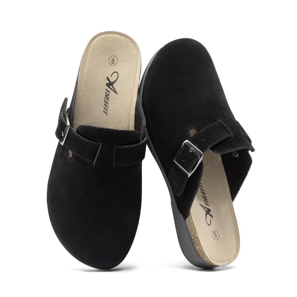 Athlefit Buckle Suede Arch Support Clog in Black