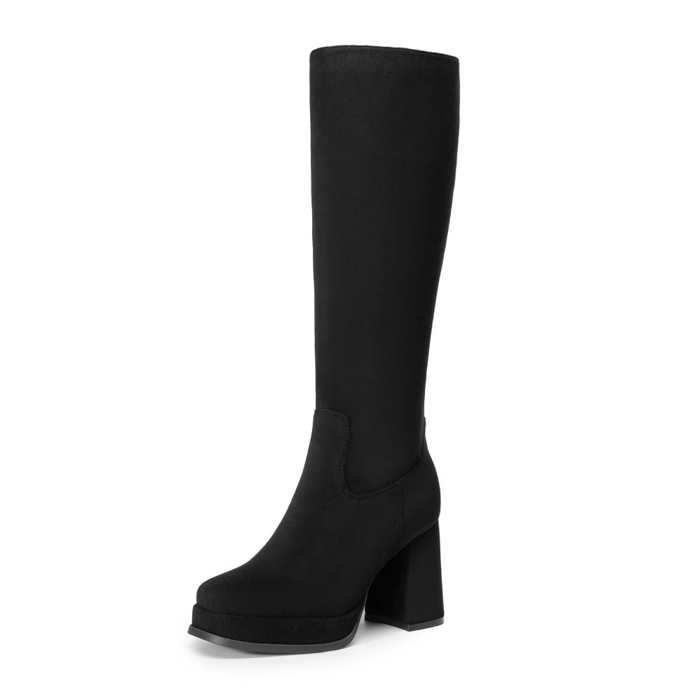 Athlefit Square Toe Platform Tall Boot in Black Suede