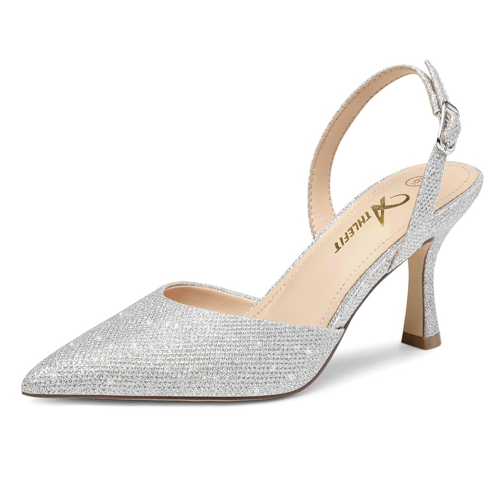 Athlefit Flared Kitten Heel Slingback in Silver Glitter