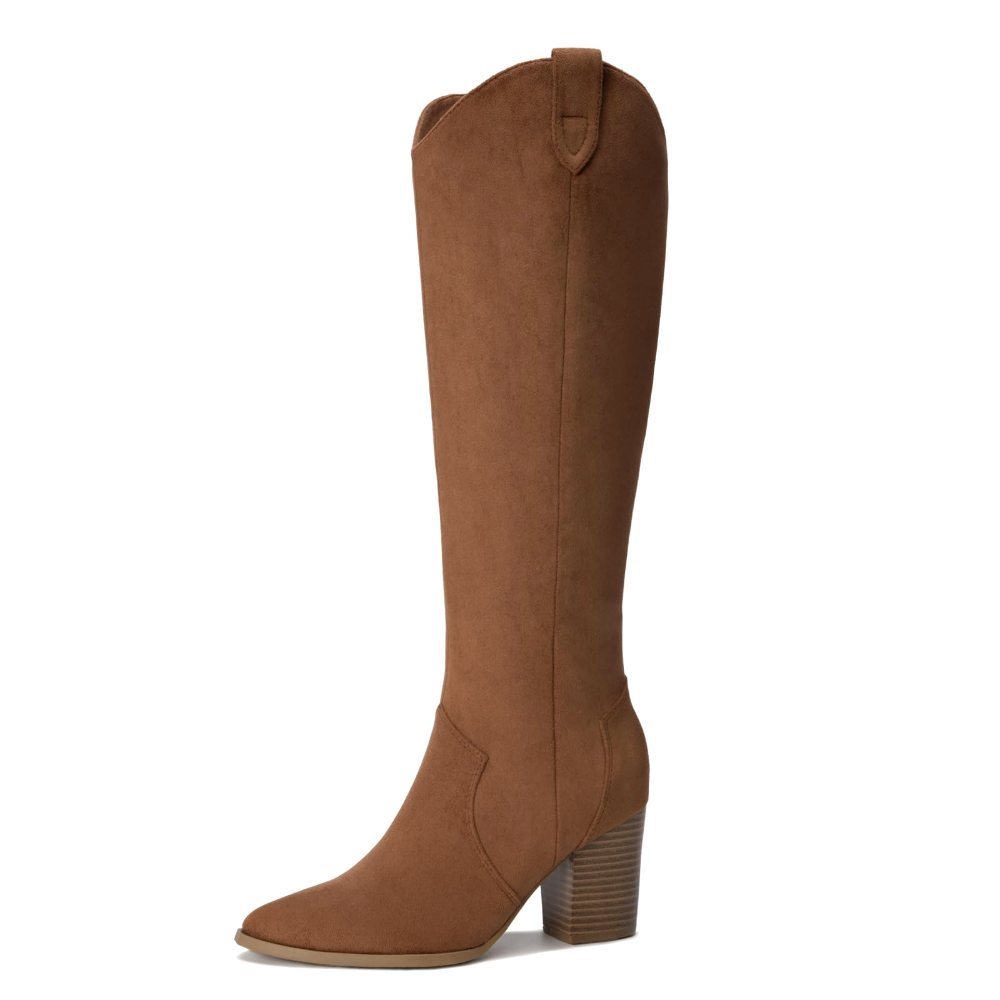Athlefit Pointed Toe Suede Knee-High Boot in Brown Suede