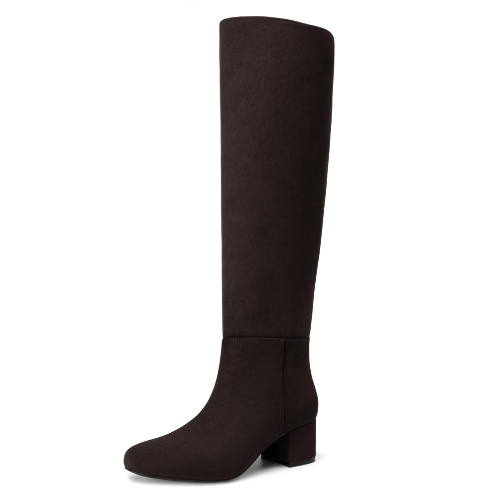 Athlefit Low Block Heel Knee-High Boot in Brown Suede