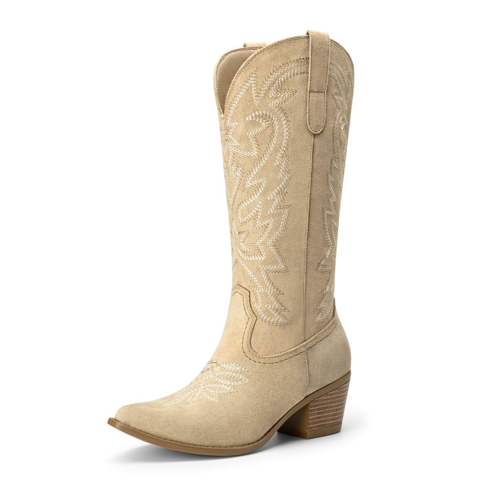 Athlefit Low Heel Mid Calf Cowgirl Boot in Tan Suede