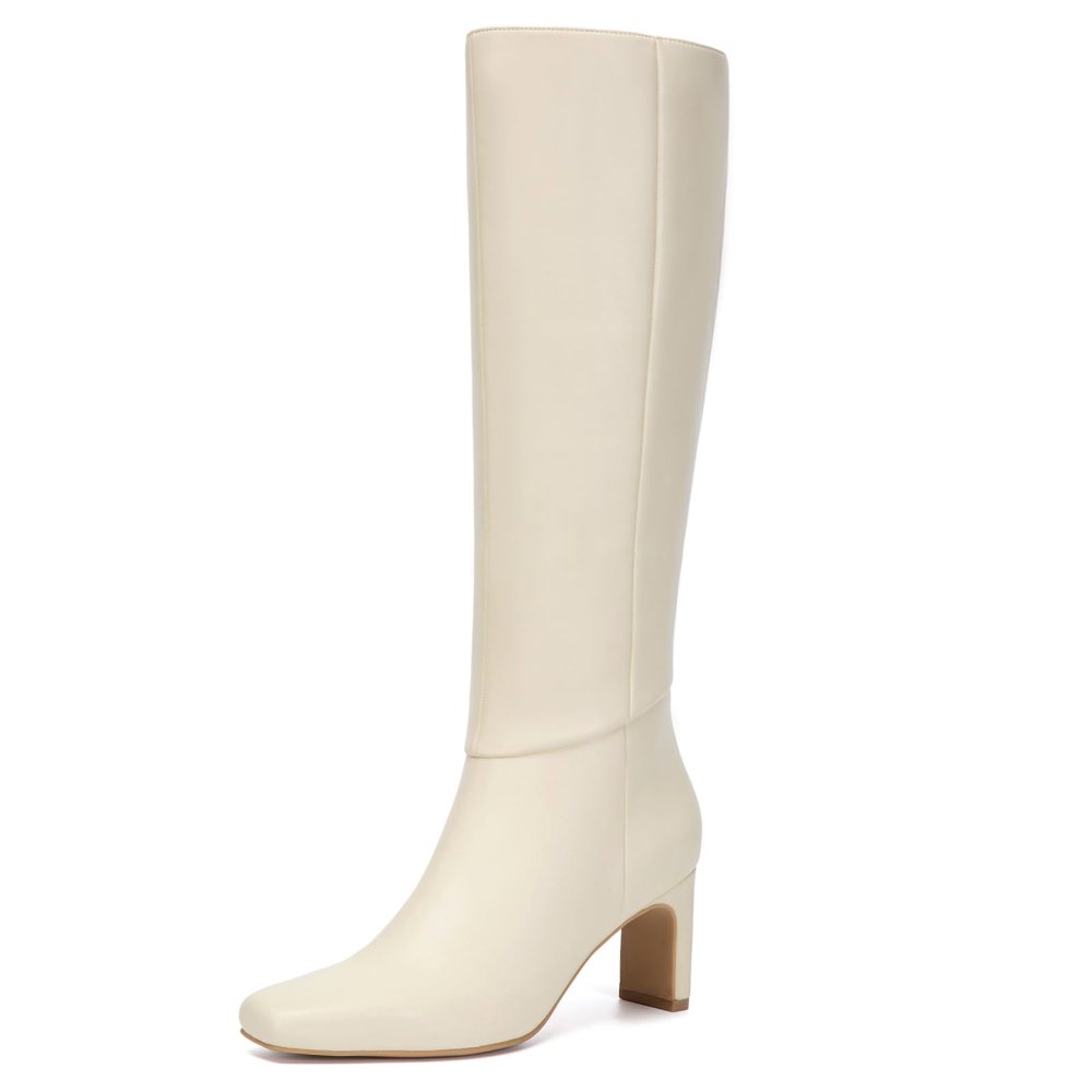 Athlefit Wide Calf Square Toe Knee-High Boot in Beige