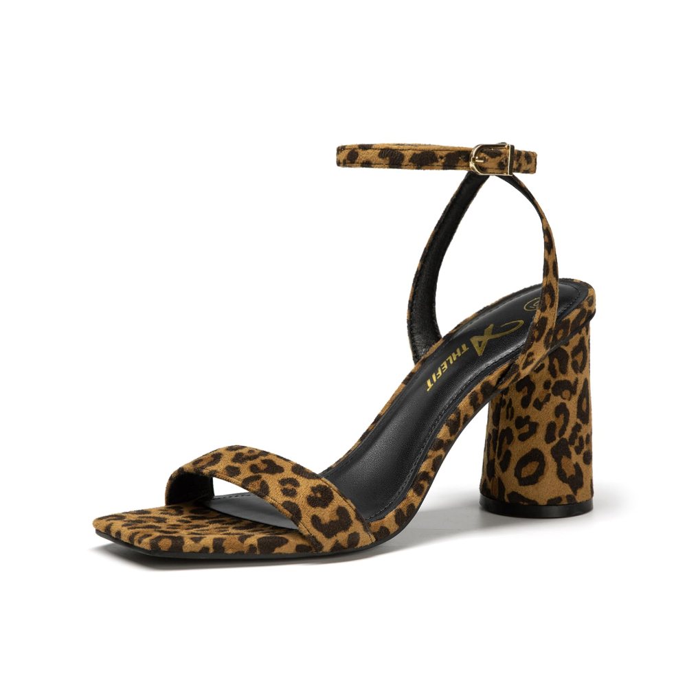 Athlefit Square Toe Ankle Strap Block Heel in Leopard