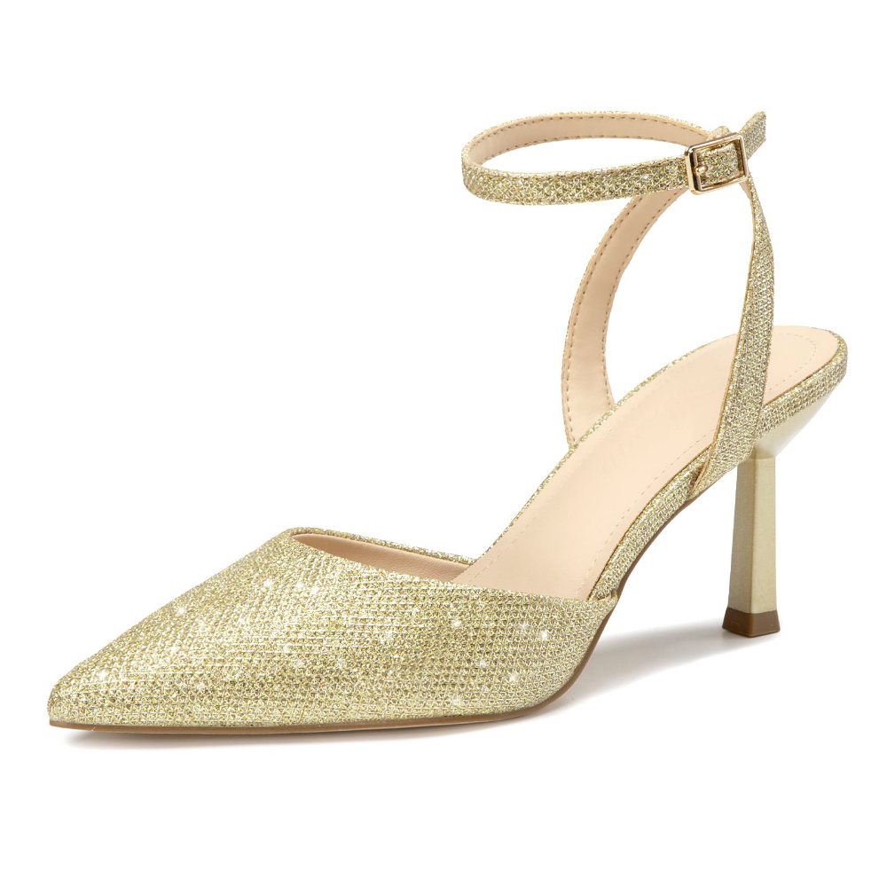 Athlefit Ankle Strap Pointed Toe Pump in Gold Glitter