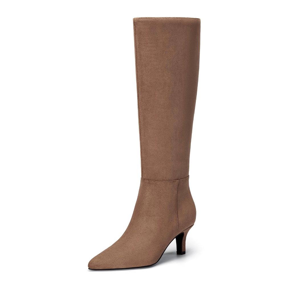 Athlefit Pointed Toe Kitten Heel Tall Boot in Camel Suede