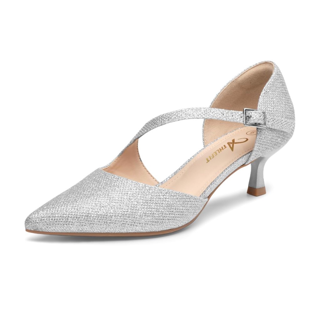 Athlefit Asymmetric Strap Kitten Heel Pump in Silver Glitter