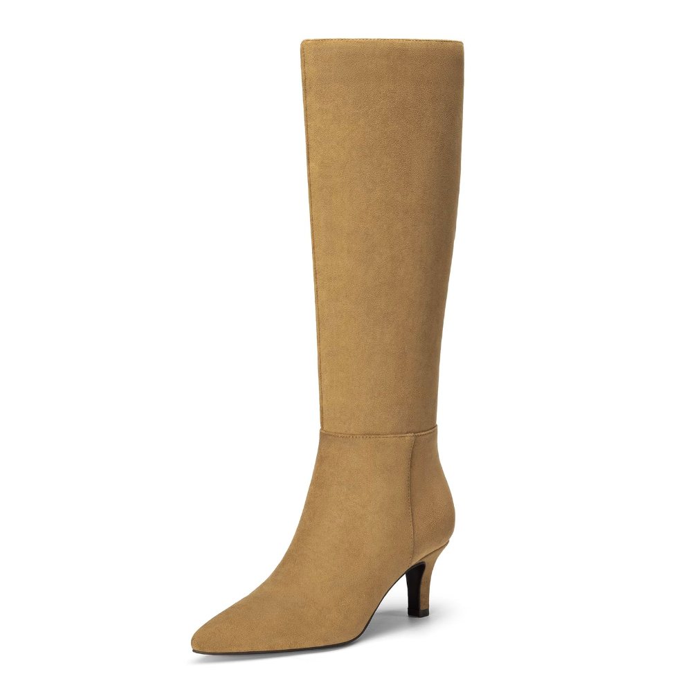 Athlefit Pointed Toe Kitten Heel Tall Boot in Khaki Suede