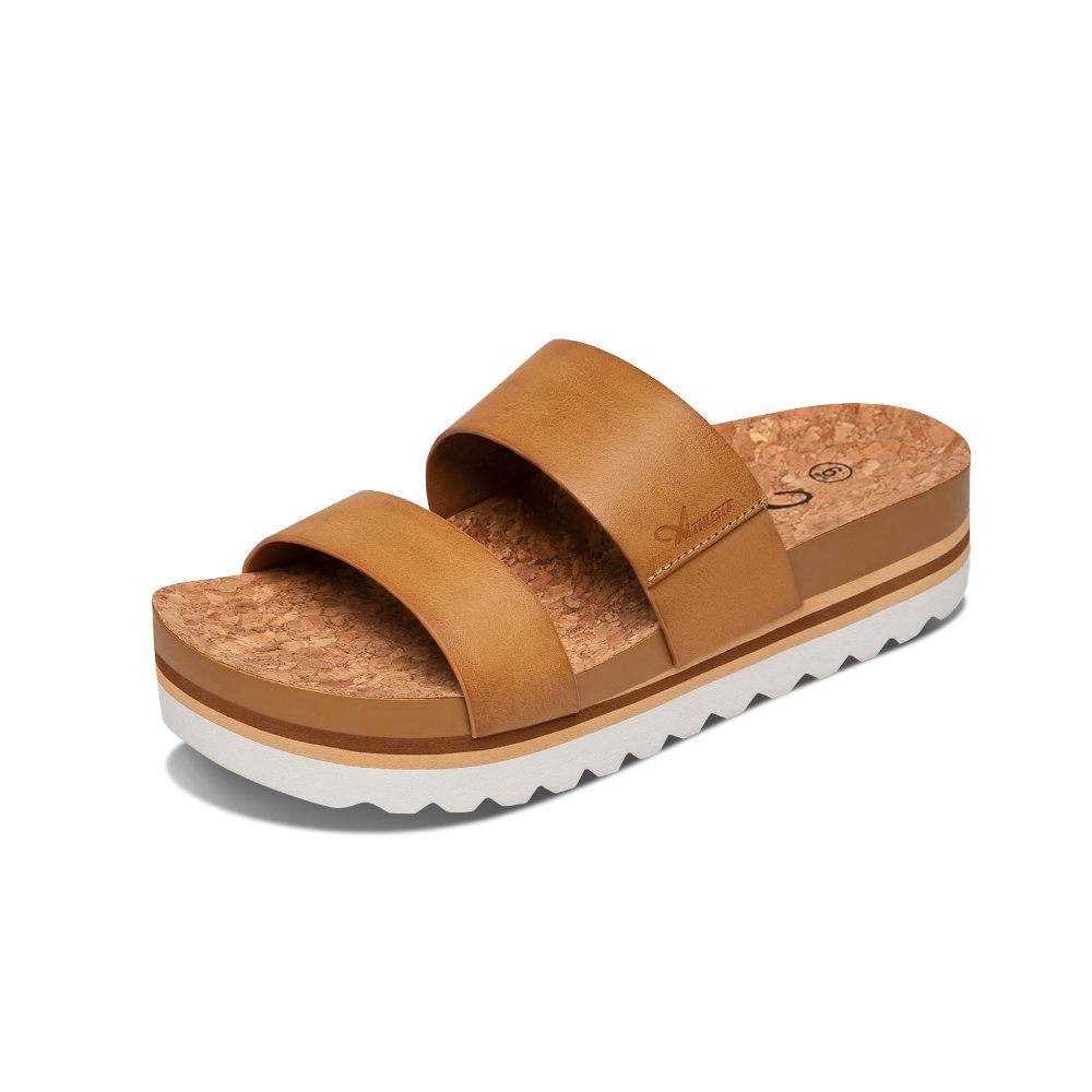 Athlefit Two Band Low Wedge Sandal in Brown