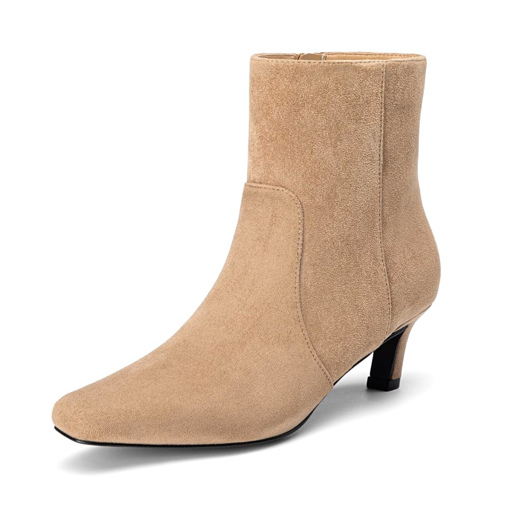 Athlefit Square Toe Kitten Heel Bootie in Camel Suede