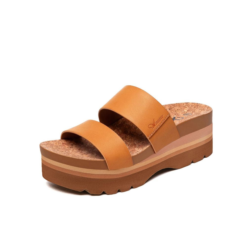 Athlefit Two Band Platform Slide in Brown
